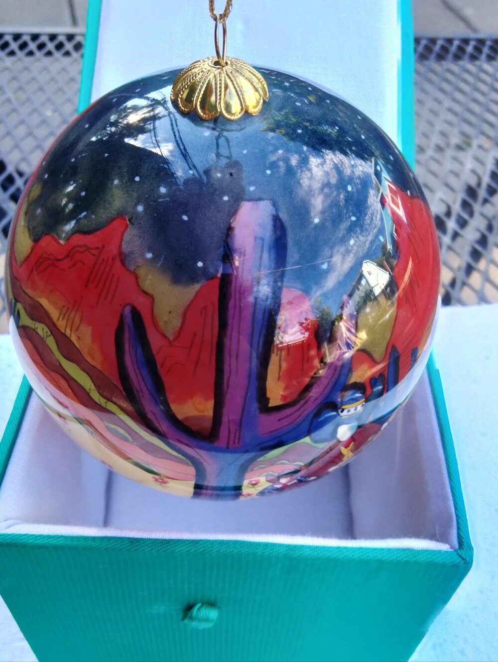 Lawrence Vargas Cowboy Storyteller Reverse Painted Holiday Glass Ornament in Box